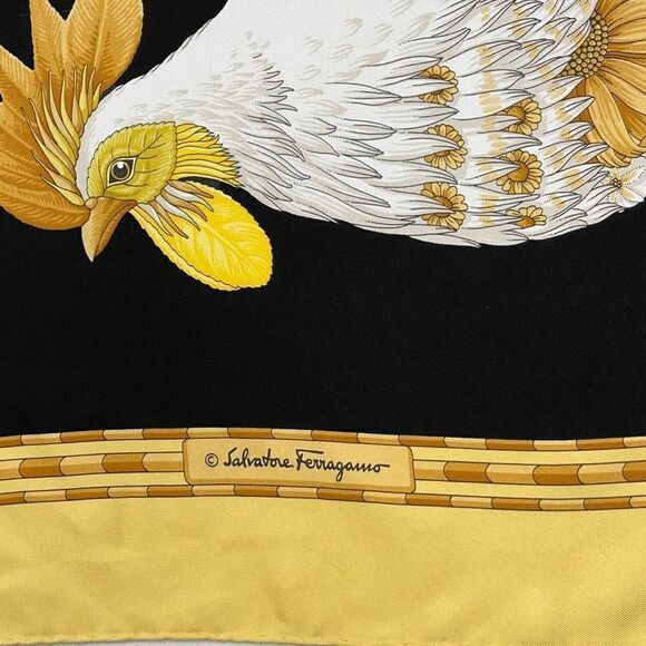 Vintage 90’s Salvatore Ferragamo Black & Gold Rooster Chicken Silk Scarf - Picture 2 of 8